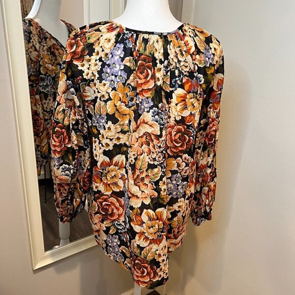 Olivaceous floral 100% cotton peasant blouse w tassels, Size Medium - Picture 11 of 15